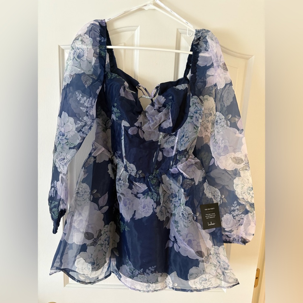 Positively Enchanting Blue Floral Organza Bustier Mini Dress